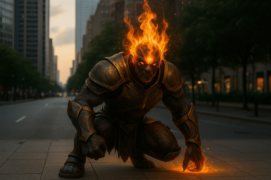 fire golem with flaming head and hand crouched in street
