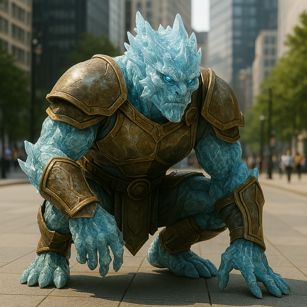 ice golem in full armor crouching on sidewalk
