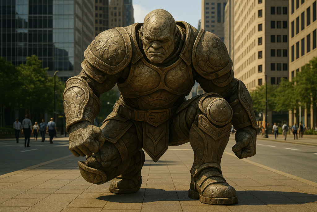 stone golem crouching on sidewalk